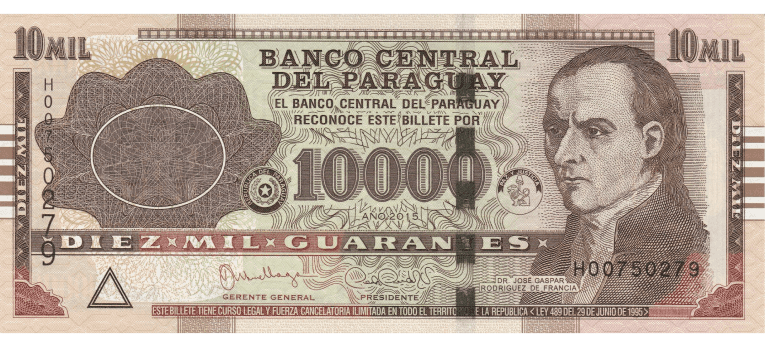 Guarani Paraguayo - Imagen del anverso del billete de 10000 PYG