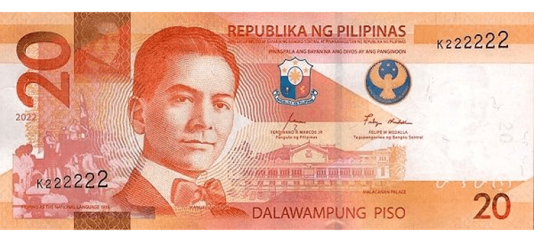 Peso Filipino - Imagen del anverso del billete de 20 PHP