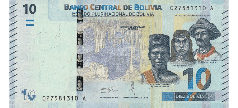 Boliviano - Imagen del anverso del billete de 10 BOB