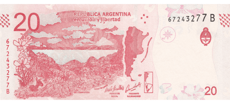 20 Pesos Argentinos - Imagen del reverso del billete de 20 ARS