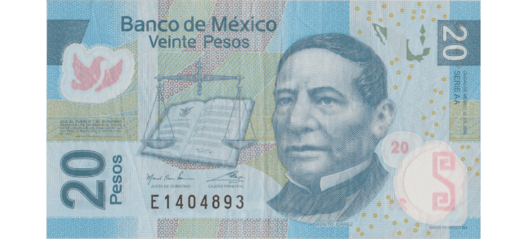 Billete de $20 del peso mexicano (MXN), con el retrato de Benito Juárez en el anverso 
