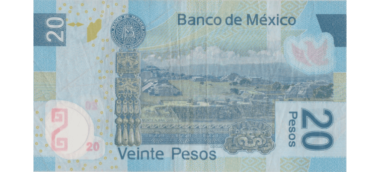 Billete de $20 del peso mexicano (MXN), con el Hemiciclo a Juárez en el reverso.