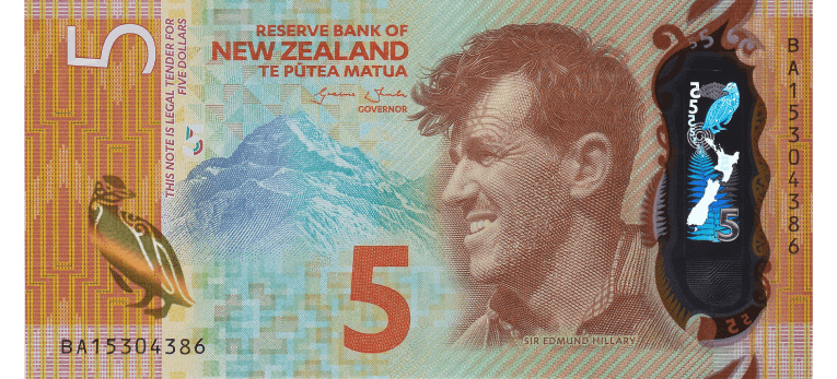 Dolar Neozelandés - Imagen del anverso del billete de 5 NZD