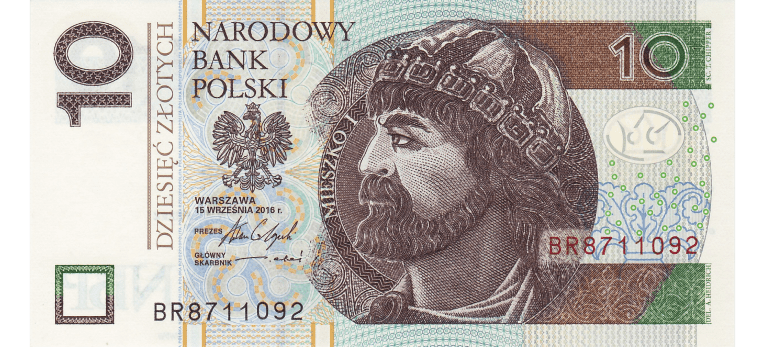 Zloty Polaco - Imagen del anverso del billete de 10 PLN
