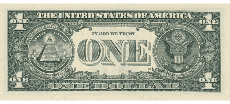 Billete de $1 del dólar estadounidense (USD), con el Gran Sello de los Estados Unidos en el reverso.