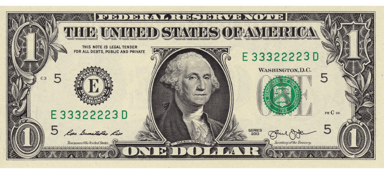 Billete de $1 del dólar estadounidense (USD), con el retrato de George Washington en el anverso 