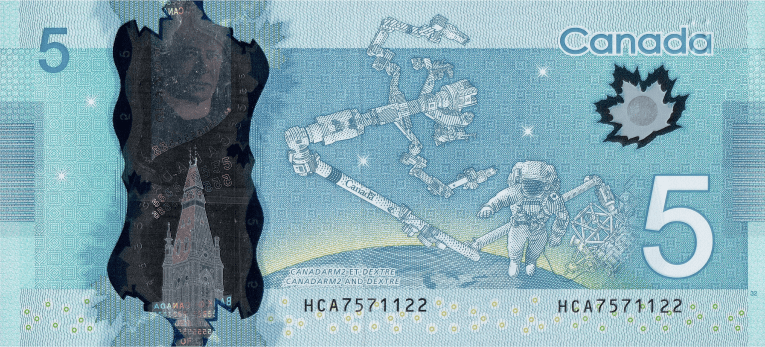 Dólar Canadiense - Imagen del reverso del billete de 5 CAD