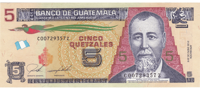 Quetzal Guatemala - Imagen del anverso del billete de 5 GTQ
