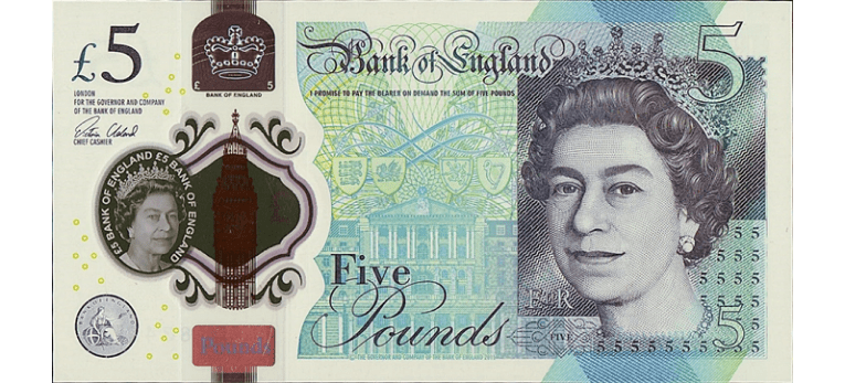 Billete de 5 libras de la libra esterlina (GBP), con el retrato de la reina Isabel II en el anverso Libras Esterlinas - Imagen del anverso del billete de 5 GBP