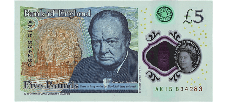 Billete de 5 libras de la libra esterlina (GBP), con el retrato de Winston Churchill. Libras Esterlinas - Imagen del reverso del billete de 5 GBP