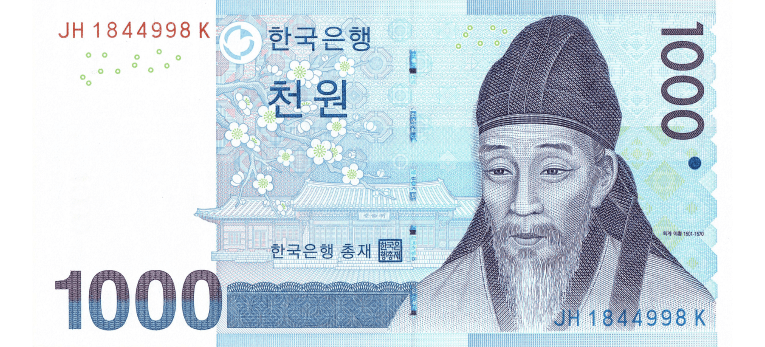 Won Surcoreano - Imagen del anverso del billete de 1000 KRW