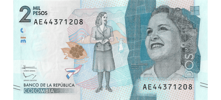 Peso Colombiano - Imagen del anverso del billete de 2000 COP