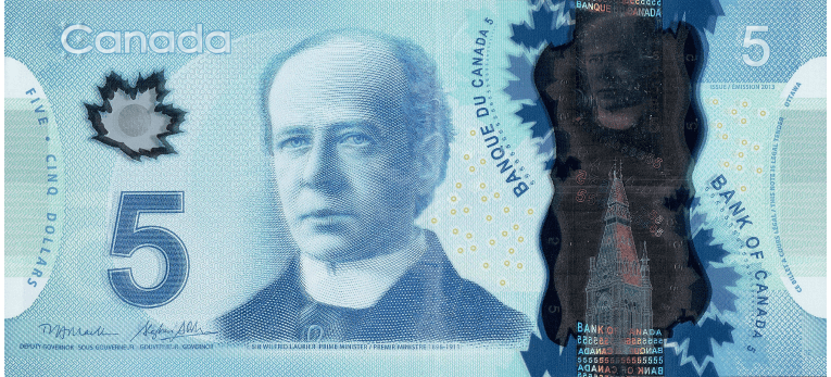 Dólar Canadiense - Imagen del anverso del billete de 5 CAD